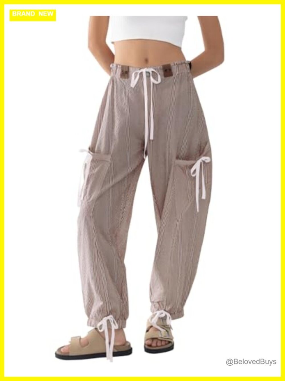 Women Striped Barrel Pants Drawstring Baggy Wide Leg Parachute Pockets
